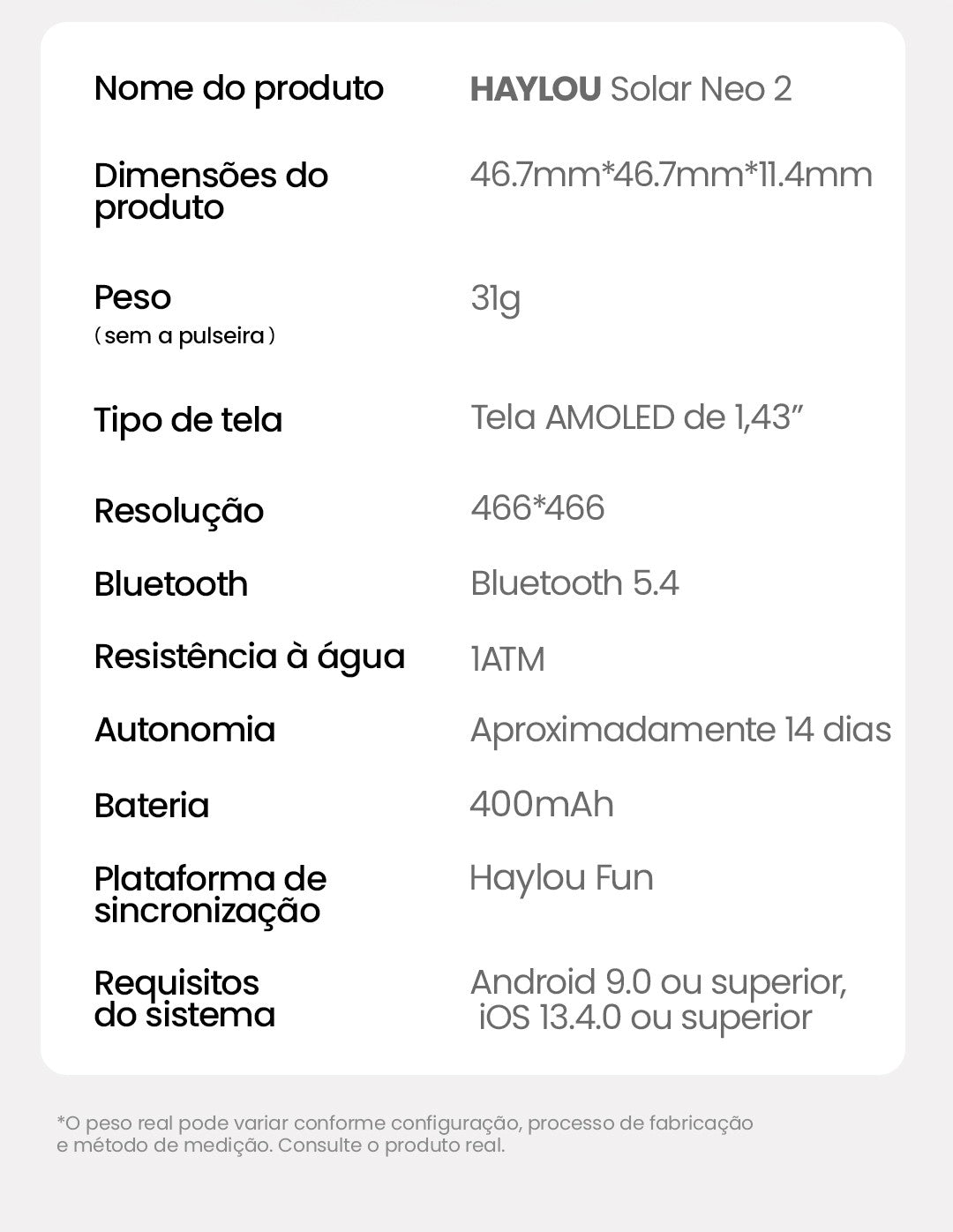 Smartwatch HAYLOU Solar Neo 2 com Chamadas de Voz, Tela AMOLED HD de 1.43'&#