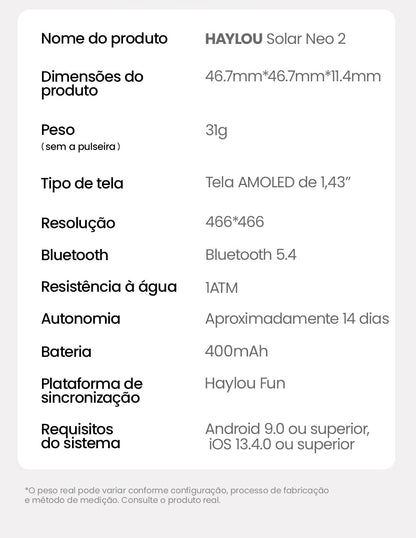 Smartwatch HAYLOU Solar Neo 2 com Chamadas de Voz, Tela AMOLED HD de 1.43'&#